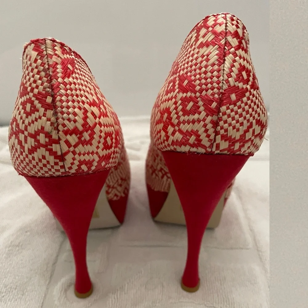 Shoe Dazzle Red and Cream Woven Platform Pumps with High Stiletto